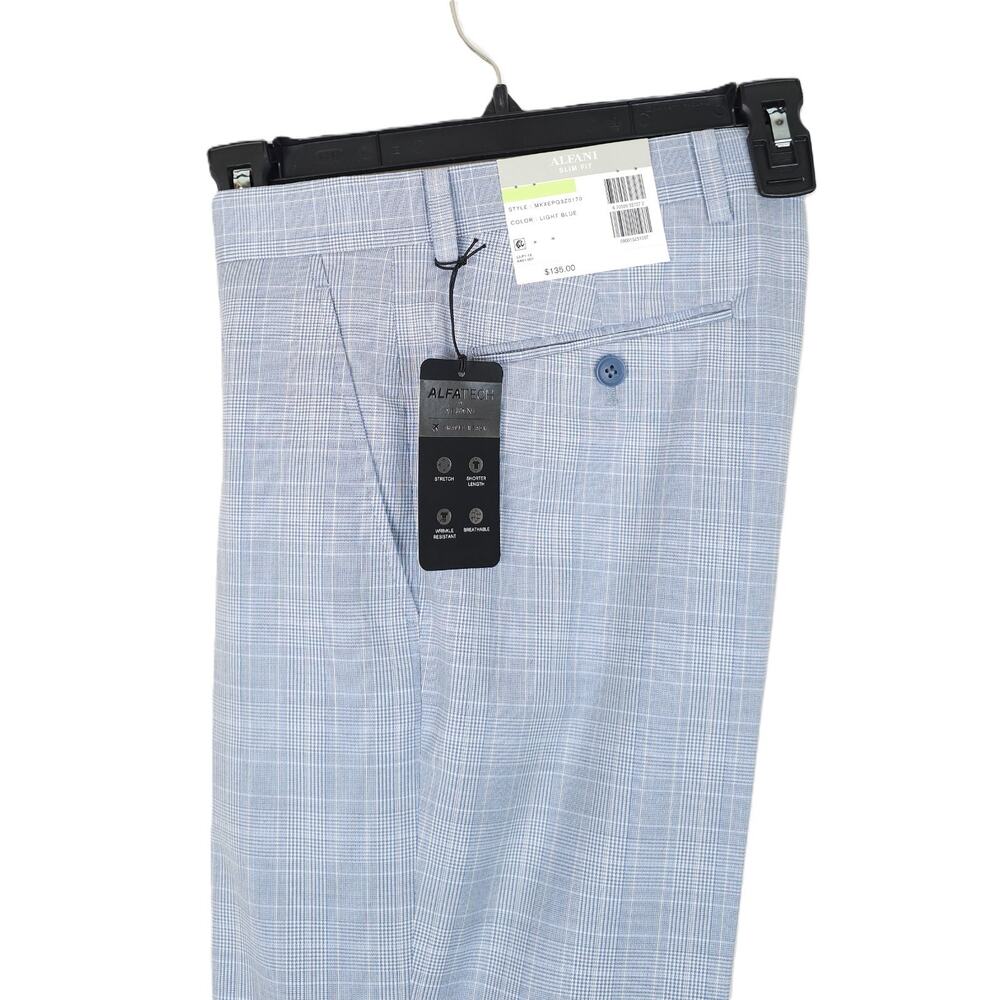 Alfani Mens Slim Fit Suit Pants 32x32 Light Blue Plaid Stretch AlfaTech NWT